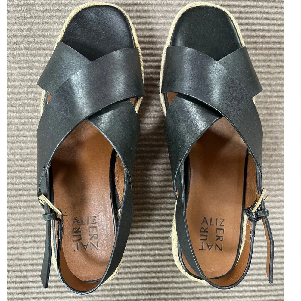 Naturalizer Womens‎ Black Leather Espadrille Platform Wedge Sandals 10M